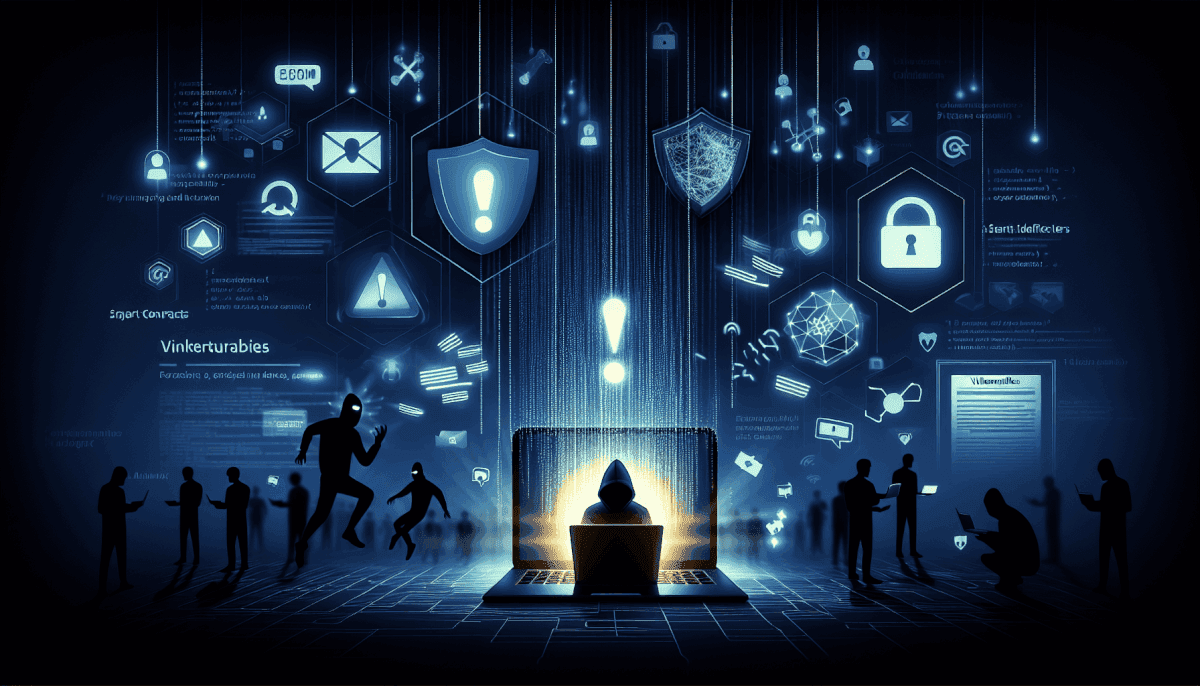 Team surrounding central hacker at laptop with shields, locks, warning icons, and vulnerability labels displayed