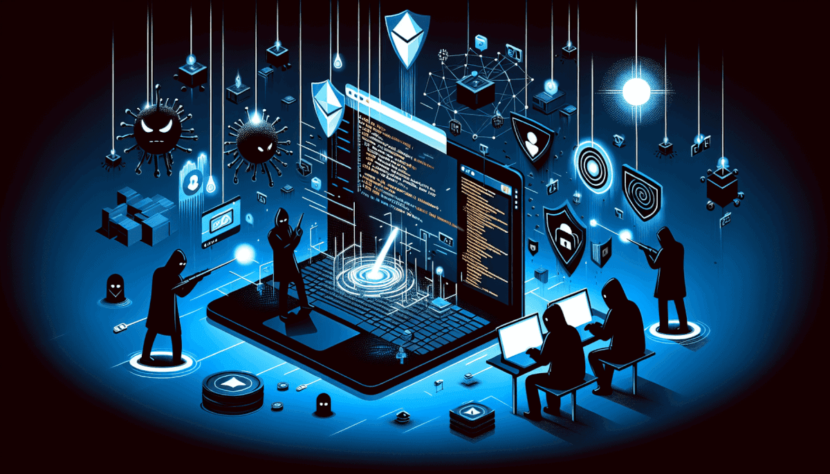 Multiple hackers surrounding large screen displaying code with malware creatures, shields, locks, and threats