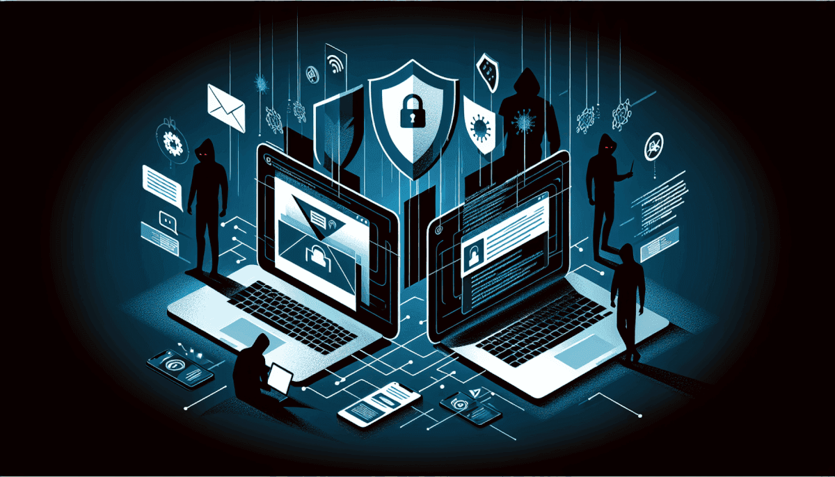 Multiple hackers around two laptops with central shield displaying lock surrounded by malware and envelopes
