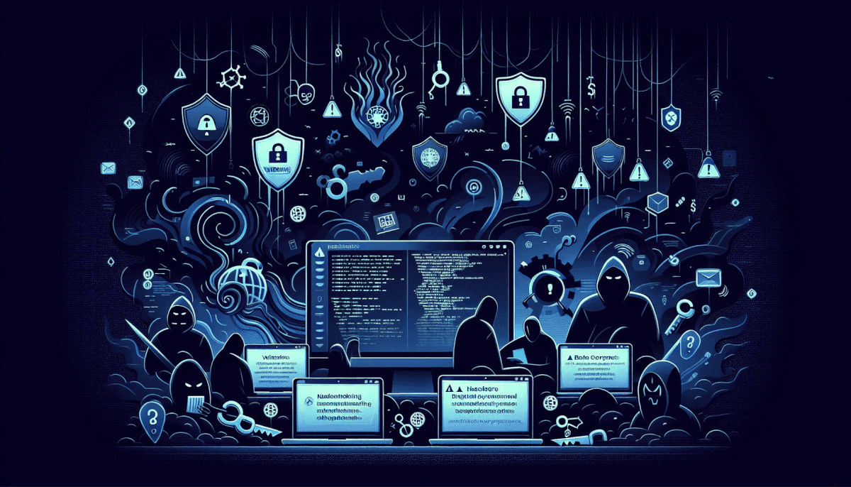 Group of masked hackers around multiple screens displaying code with shields, warnings, and threat icons above