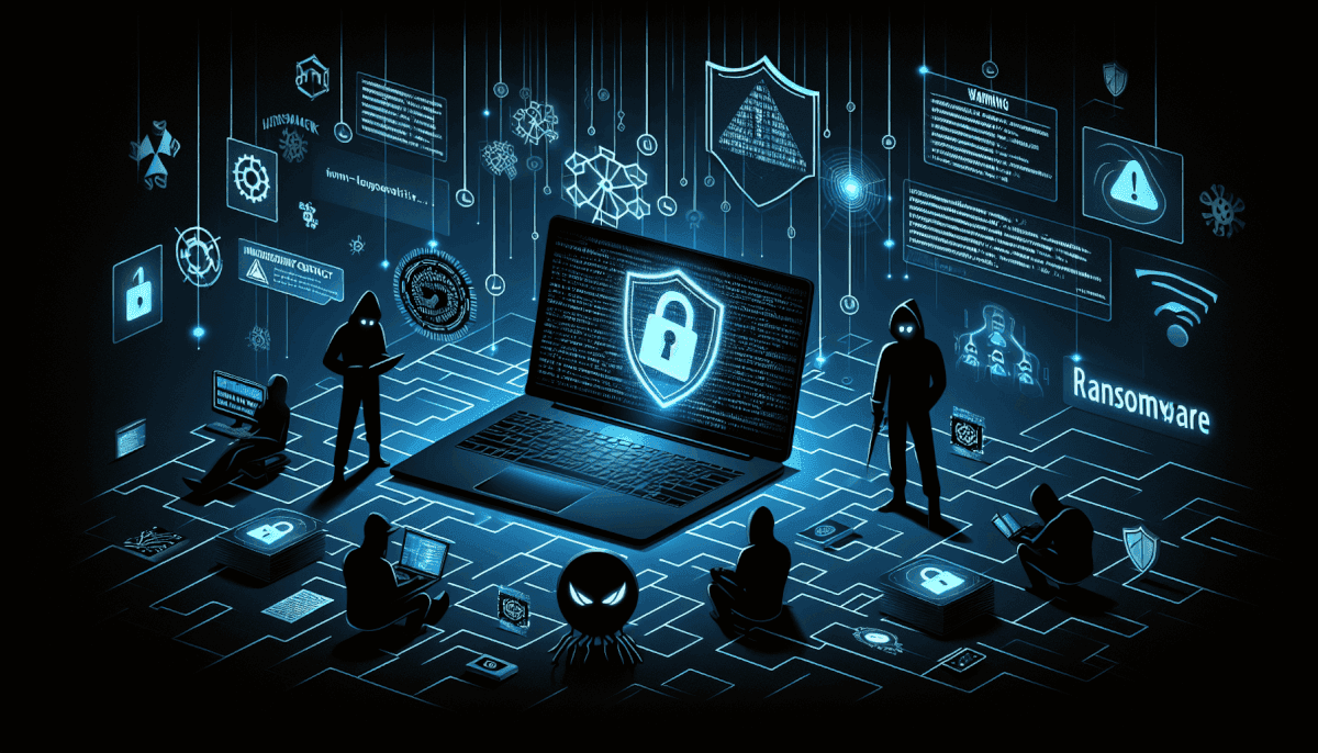 Multiple hackers surrounding laptop with lock shield displaying ransomware warning and security threat icons