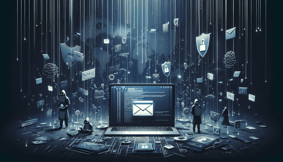 Hackers surrounding laptop displaying email icon with shields, locks, envelopes, and security threats falling above