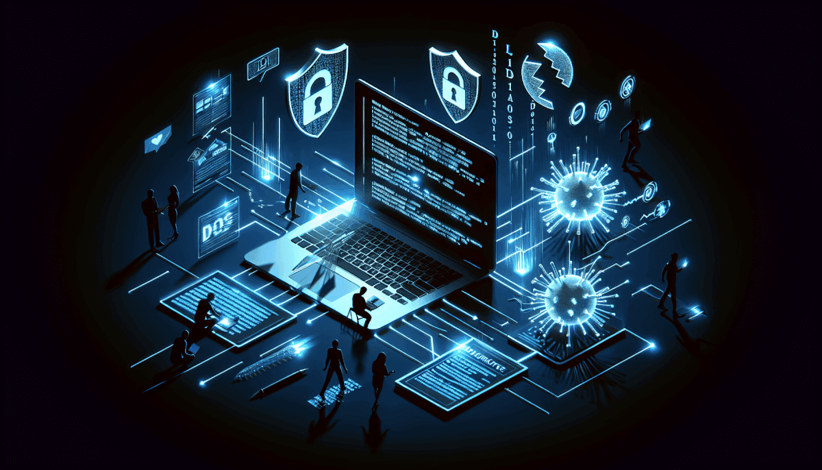 Team of figures working around laptop displaying code with virus icons, shields, and DOS attack symbols