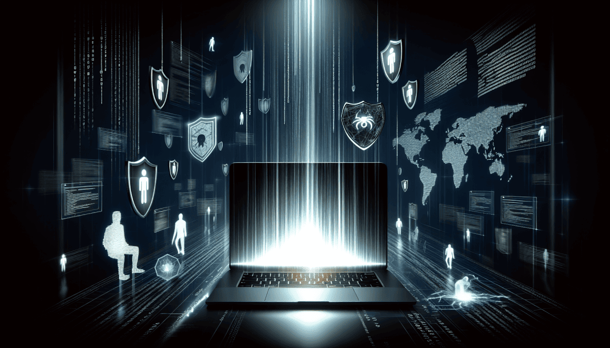 Laptop emitting light beams with digital figures, shields, spider icon, and world map visible