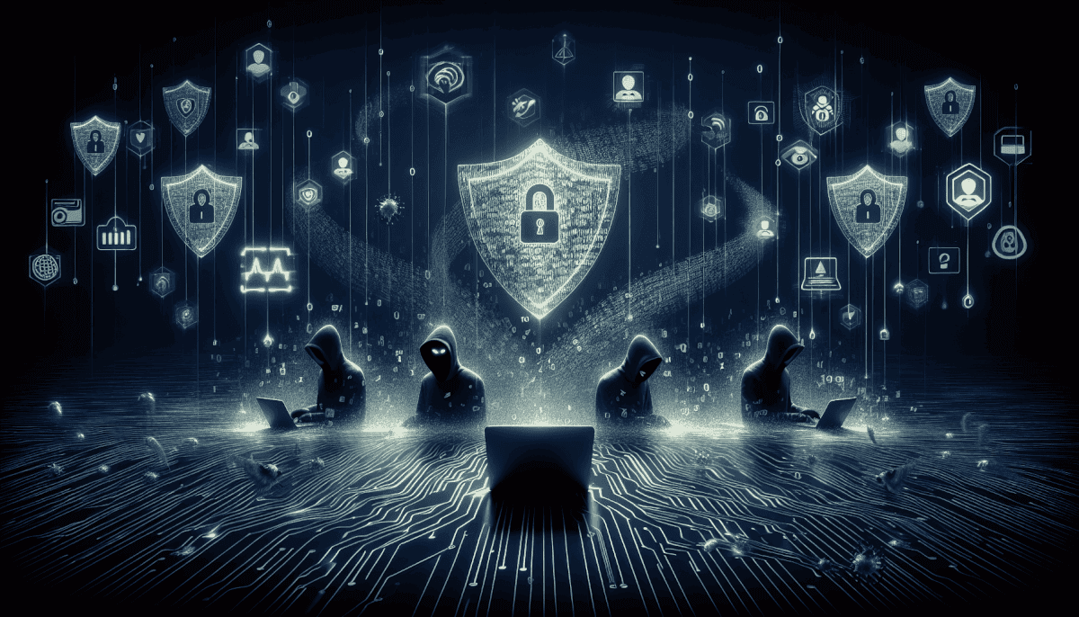 Group of hackers with laptops surrounding large shield with lock icon and security symbols