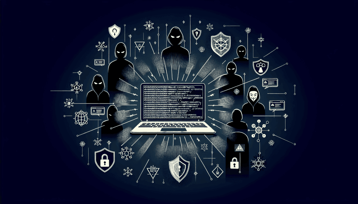 Multiple masked hackers surrounding laptop screen with code and security shield icons displayed