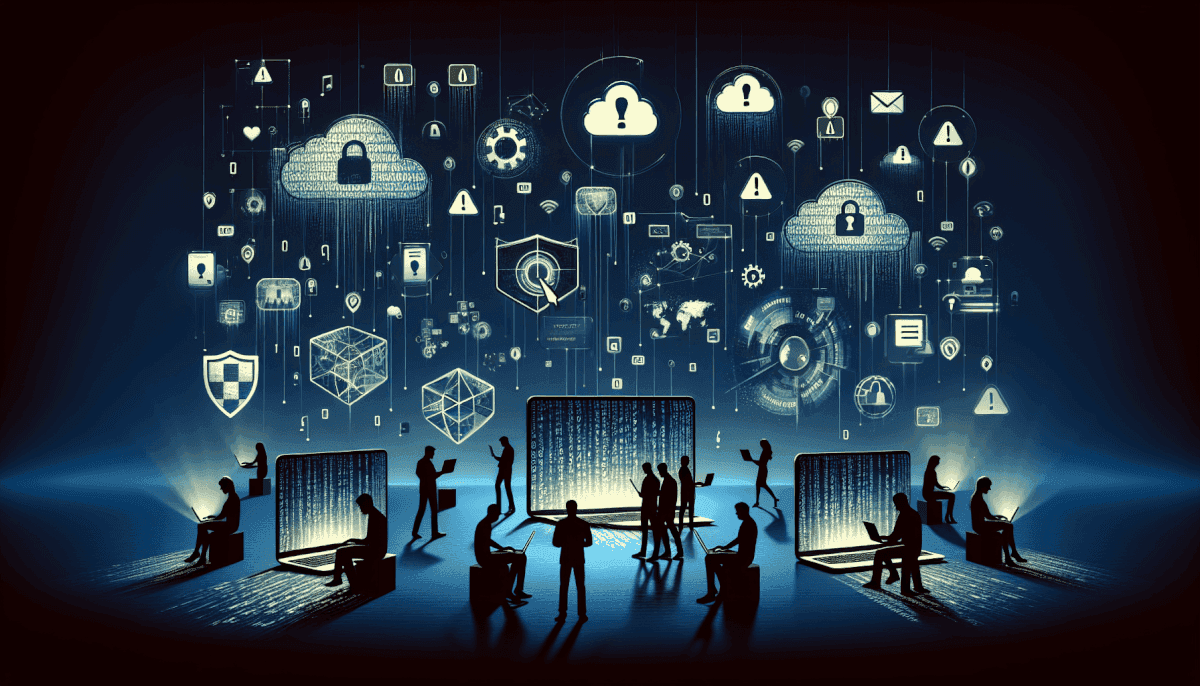 Large team working on screens with cloud symbols, locks, warning icons, shields, and security threats above