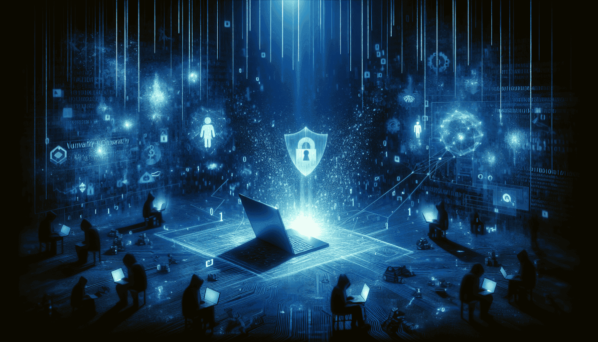 Team protecting laptop with shield and security network