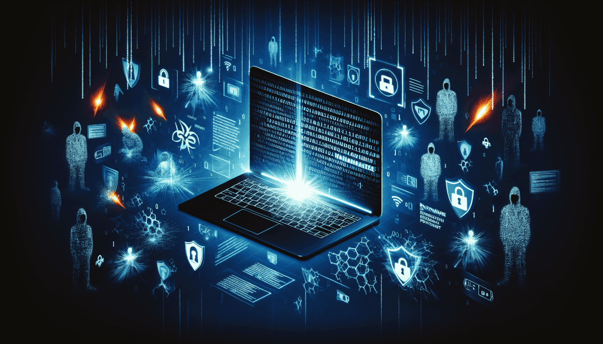 Digital figures attacking laptop with fire and malware