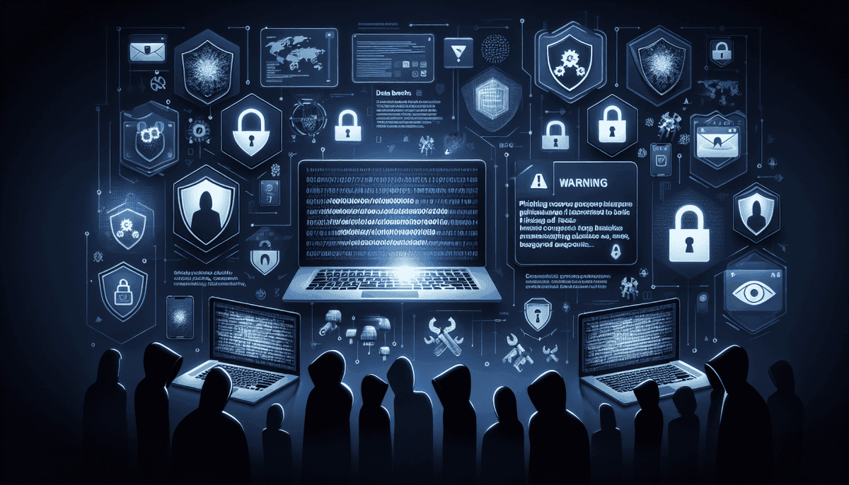 Team viewing data breach warning on multiple laptops