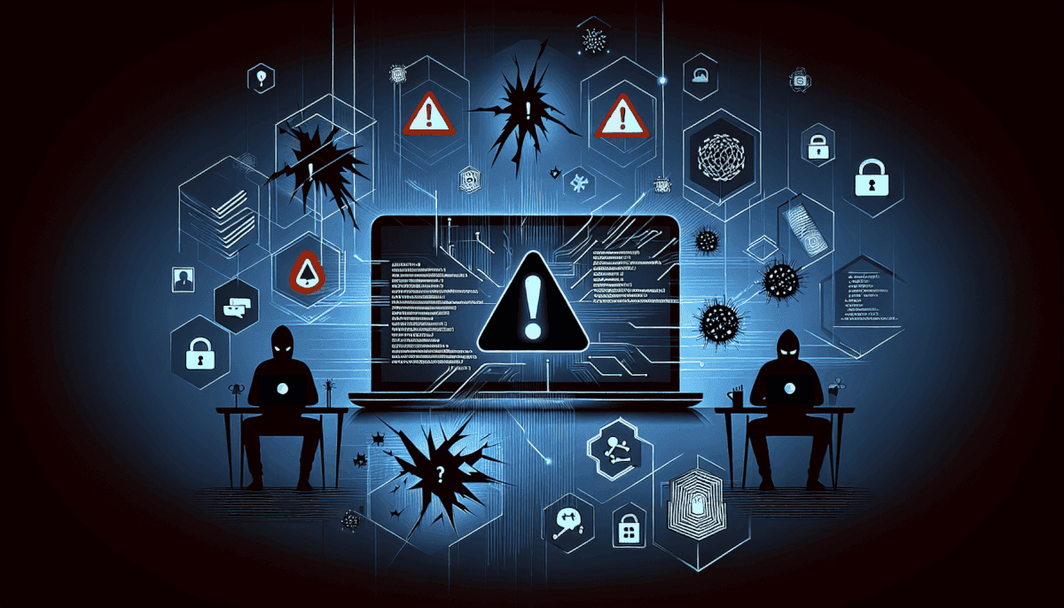 Two hackers attacking laptop with malware and warnings