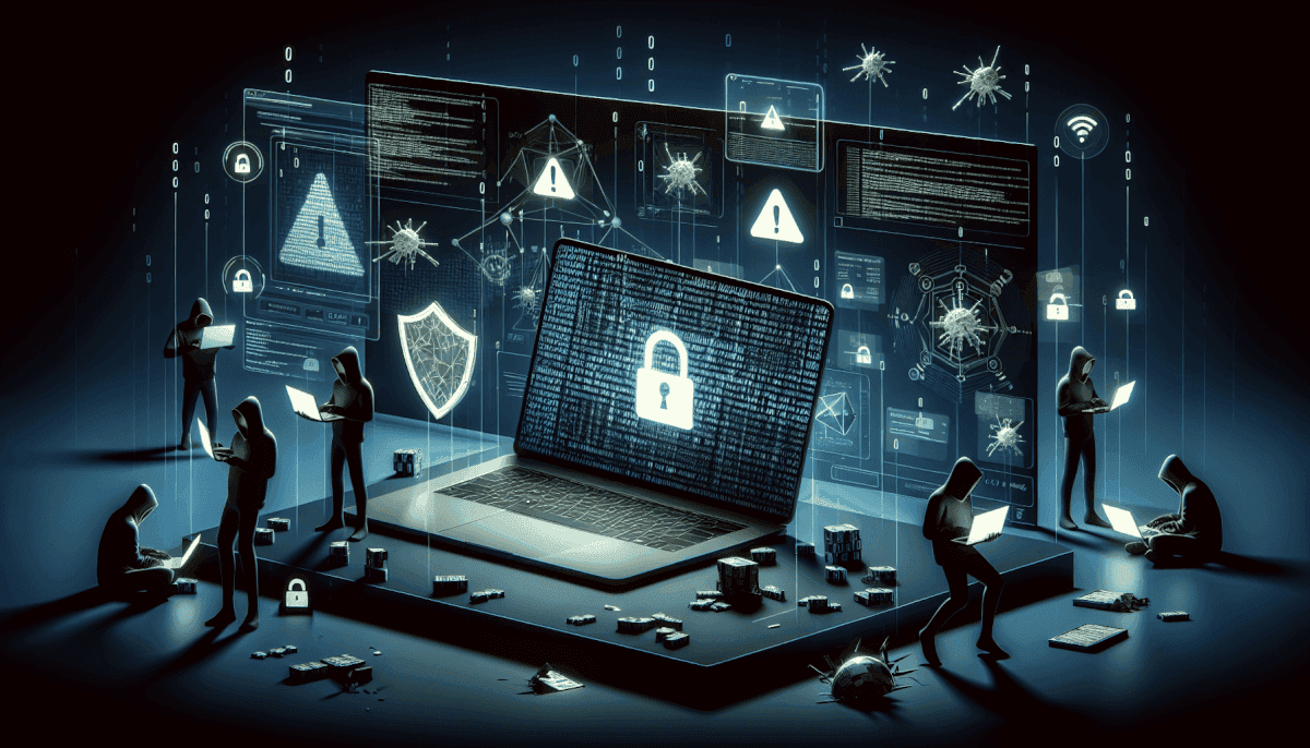 Team working on laptop with malware and virus threats