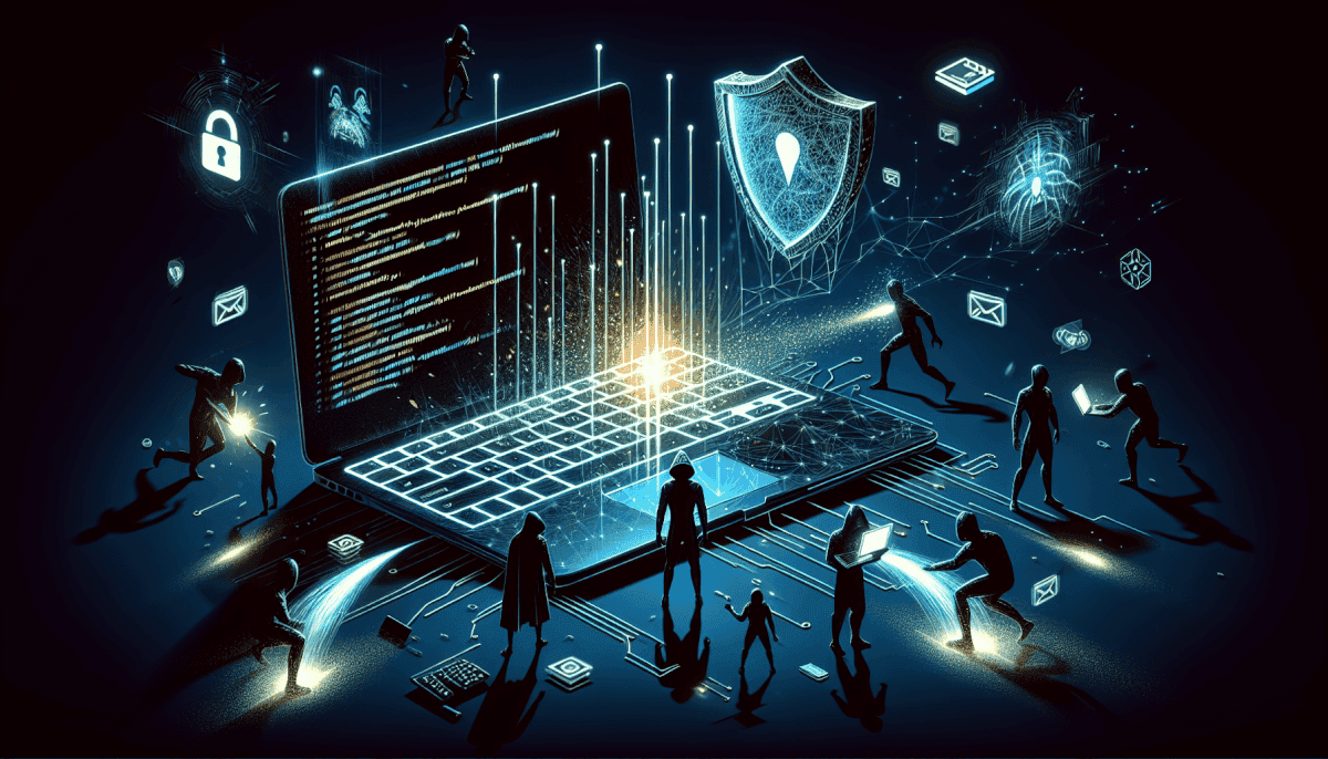 Team defending laptop with shield against attackers