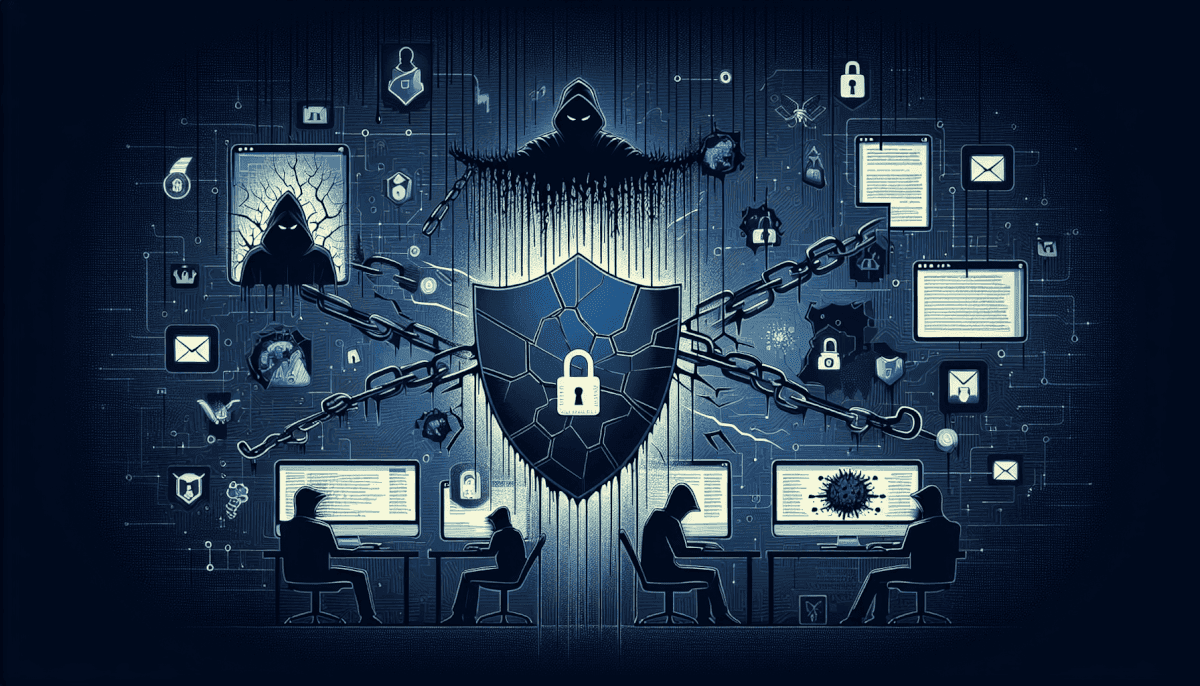 Team at computers protected by shield with lock against hackers, chains, malware, and email threats