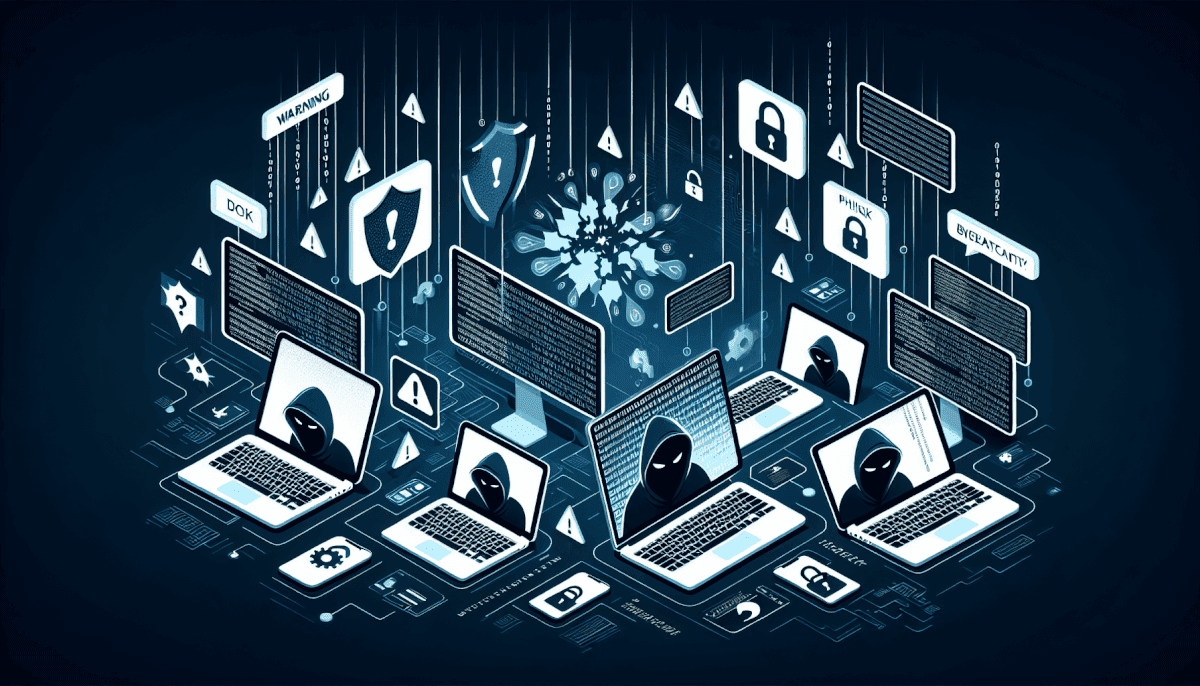 Multiple hackers on laptops attacking central server with warning signs, shields, locks, and threat labels
