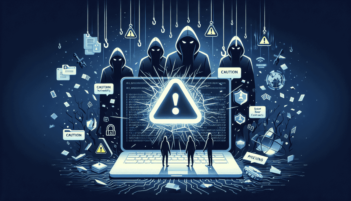 Team standing on laptop with masked hackers above, warning icons, caution signs, and phishing threats displayed