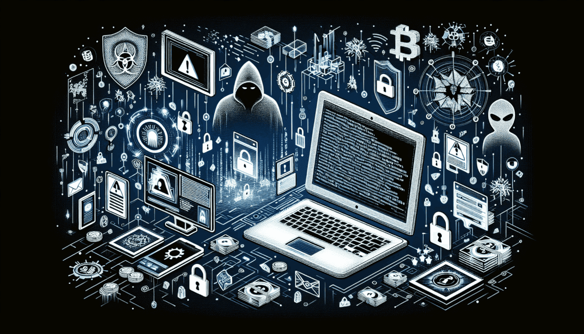Hacker figure surrounded by laptop, screens, locks, shields, malware icons, and cryptocurrency symbols displayed