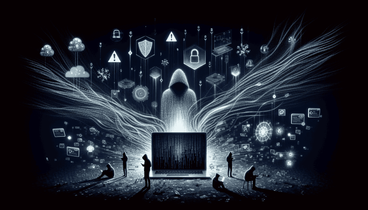 Hacker emerging from laptop with data streams