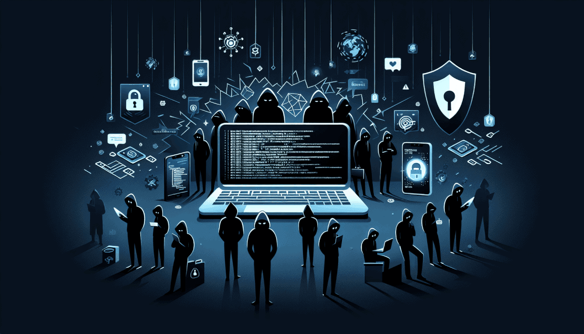 Hackers around laptop with security symbols