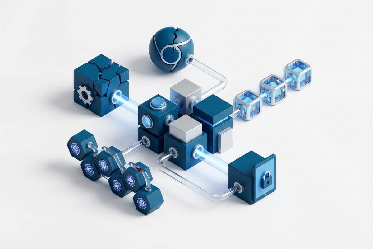 Isometric network nodes highlighting urgent zero-day and RCE vulnerability fixes.