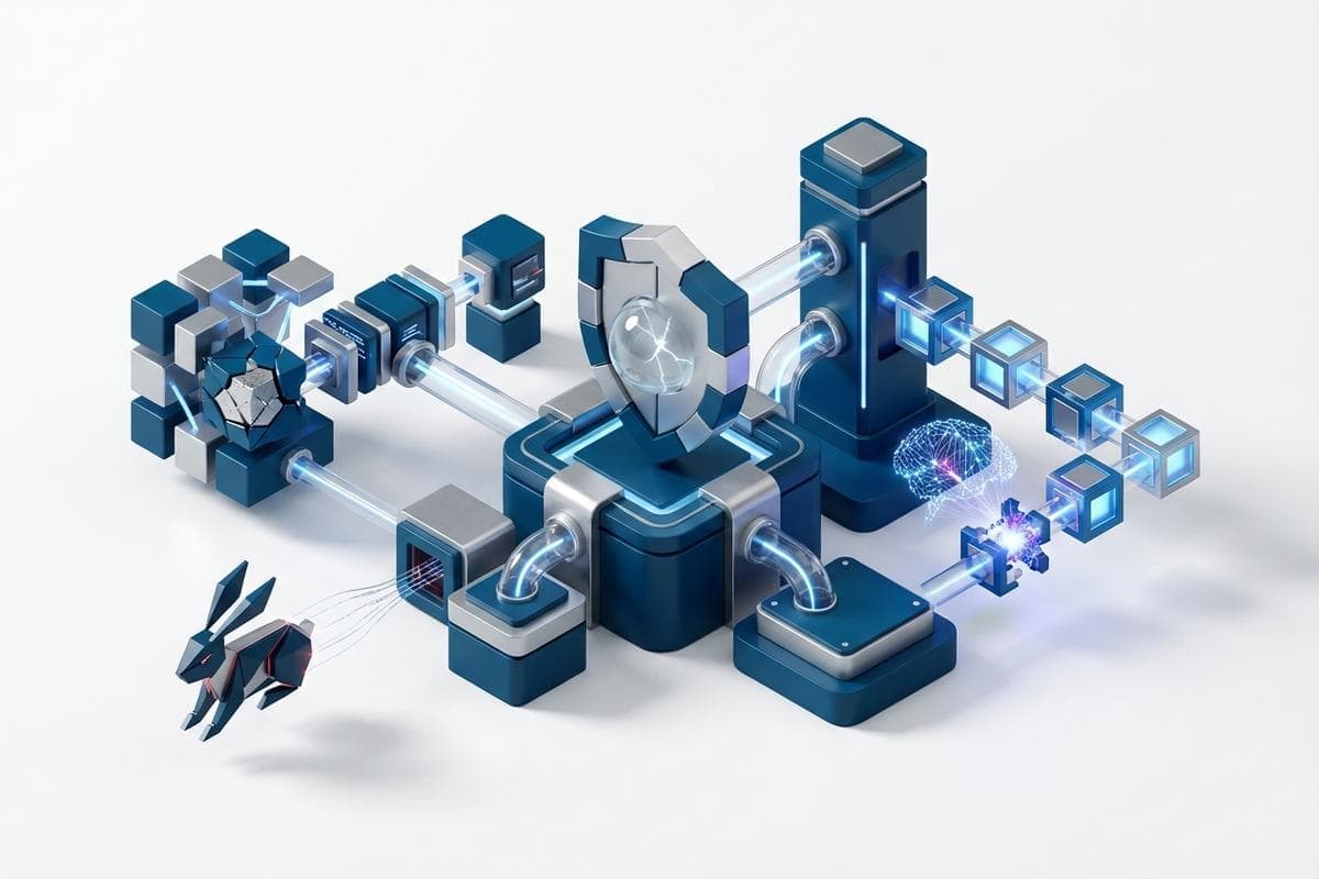 Isometric network nodes depicting zero-day, RCE, and AI smart contract vulnerabilities.