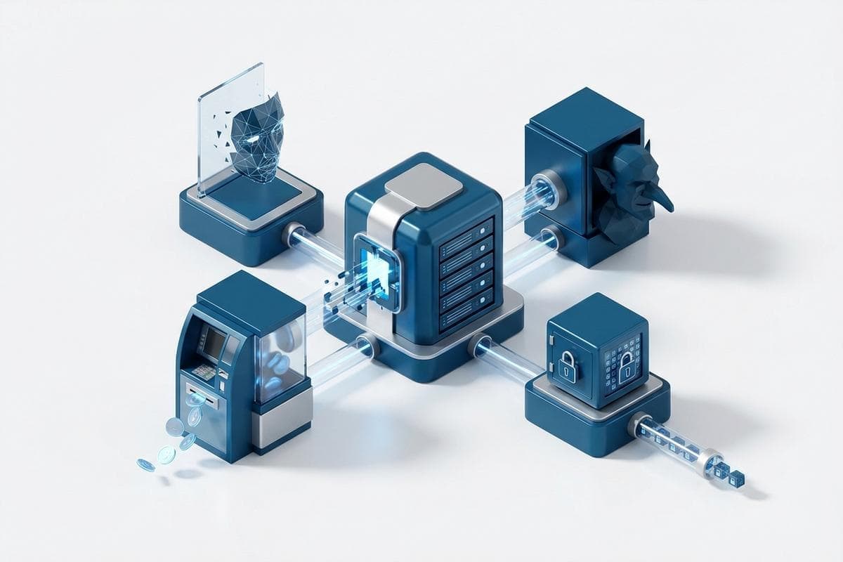 Isometric network nodes representing diverse global cyber threats and exploitation.