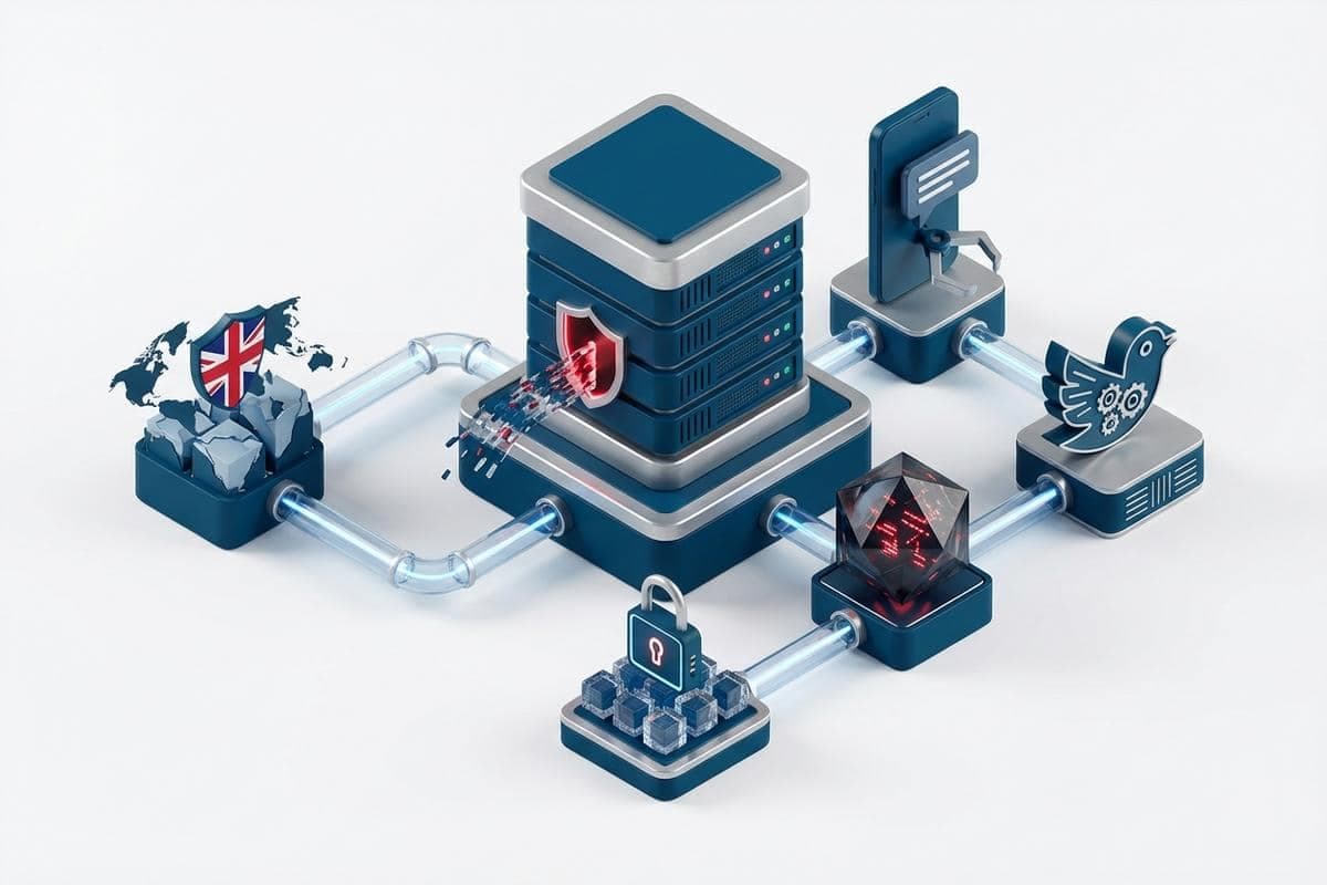 Blue data pipelines illustrating critical RCE, foreign office breach, and darknet AI.