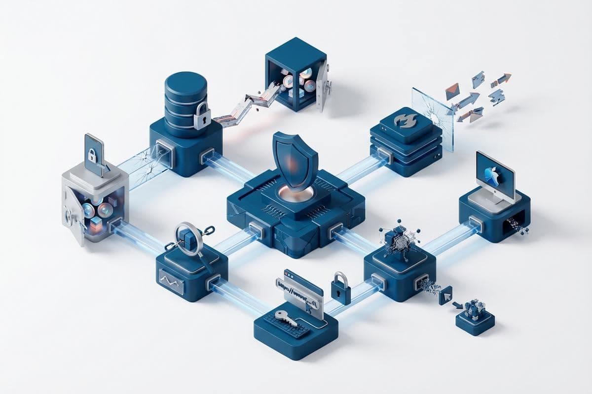 Isometric network nodes depicting critical vulnerabilities and data breaches.