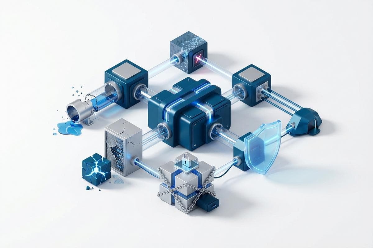 Isometric network nodes illustrating diverse cyber threats and exploit prevention.