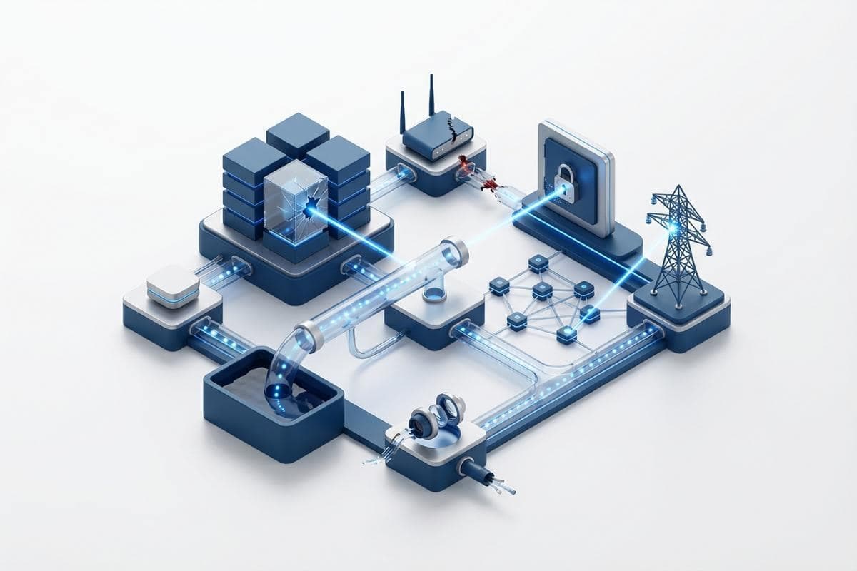 Isometric network nodes highlighting critical cybersecurity vulnerabilities and exploits.