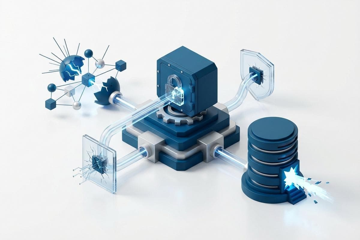 Isometric network nodes highlighting widespread digital security breaches.