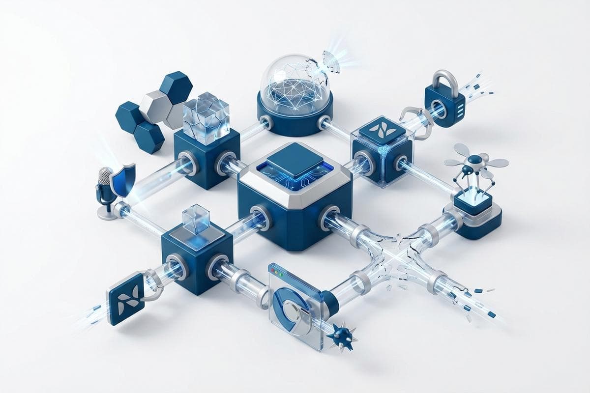 Isometric network nodes depicting widespread cyberattacks, data leaks, and critical system flaws.