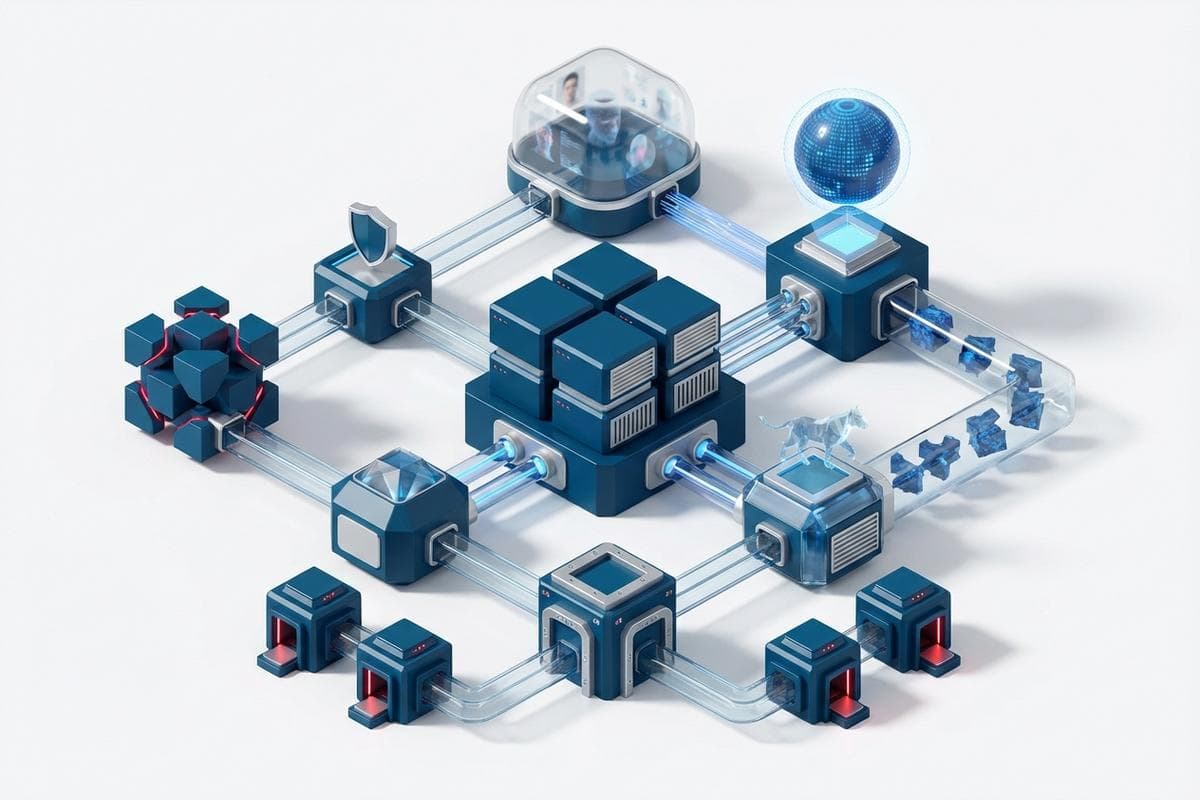 Isometric network nodes illustrating widespread cybersecurity threats and AI vulnerabilities.
