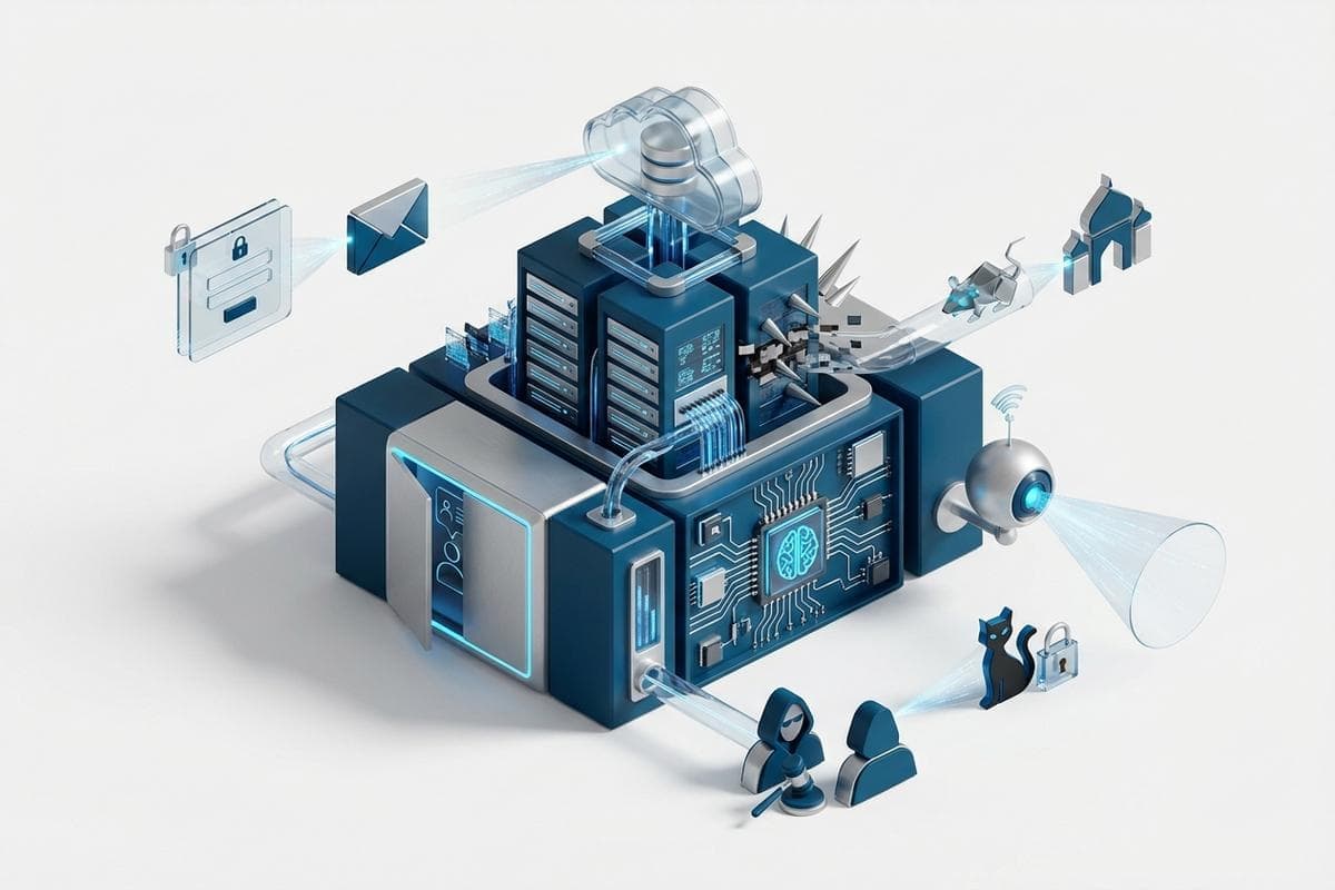 Isometric network nodes illustrating global cyberattacks and AI advancements.