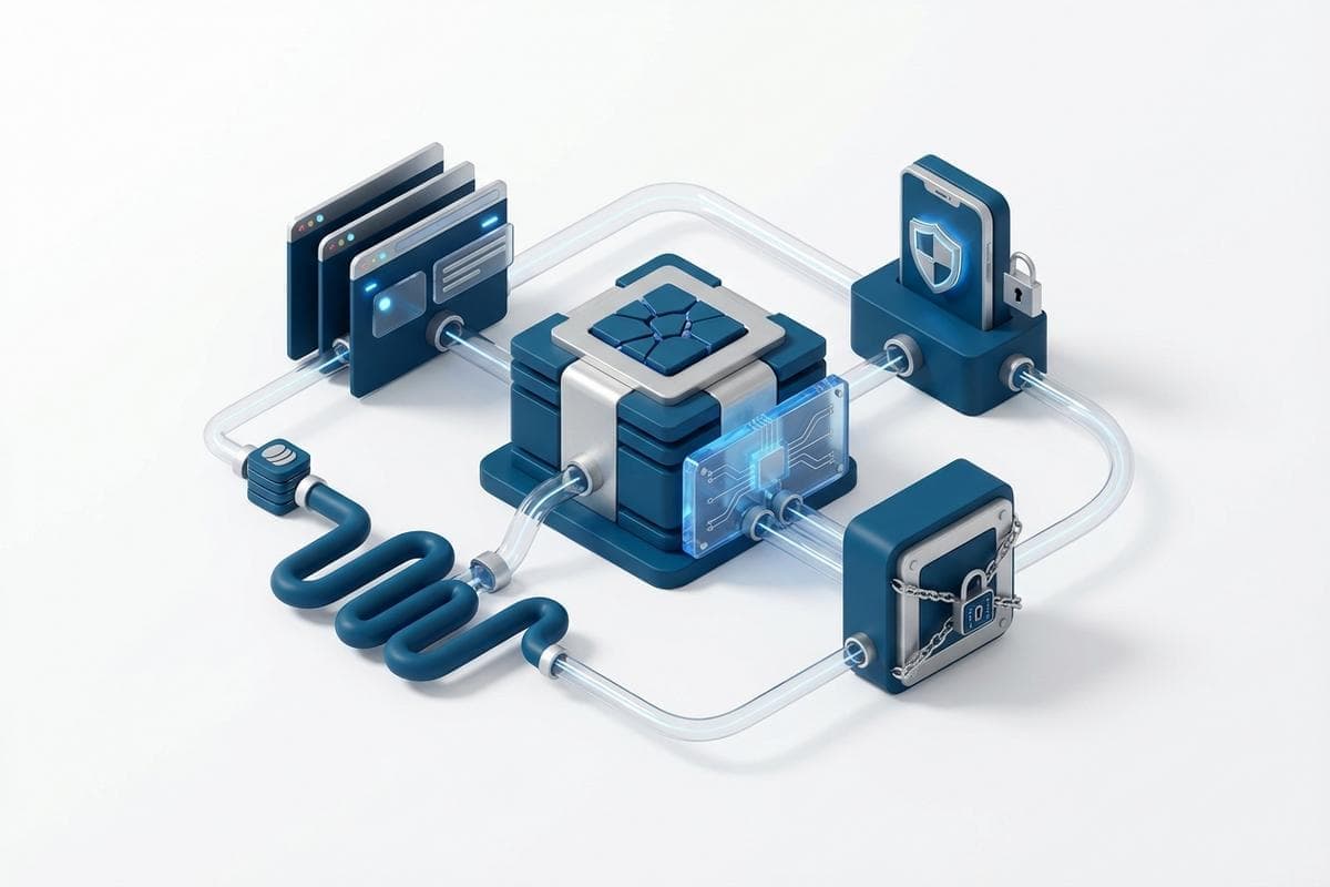 Isometric network nodes illustrating diverse cybersecurity vulnerabilities and attacks.