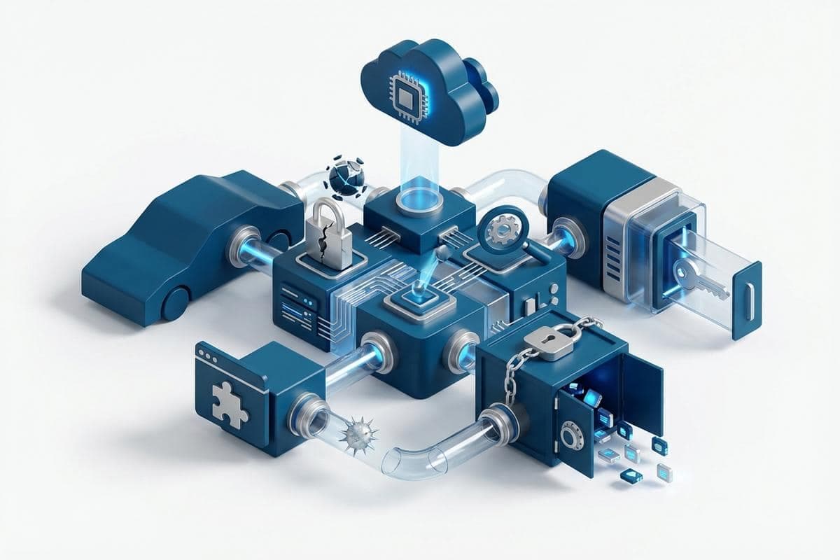 Isometric network nodes showing widespread cybersecurity vulnerabilities and breaches.