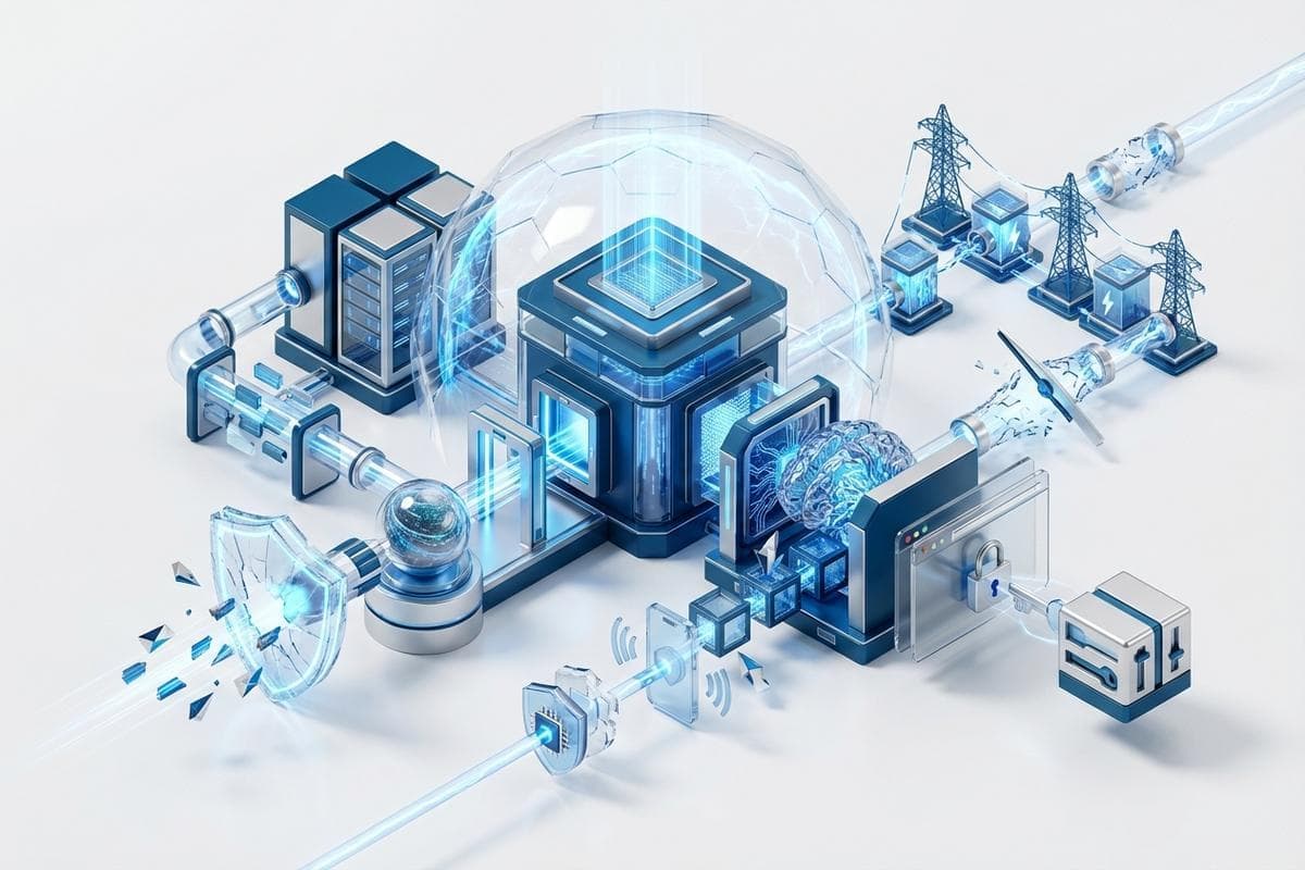Isometric network nodes illustrating diverse, active cybersecurity threats and vulnerabilities.