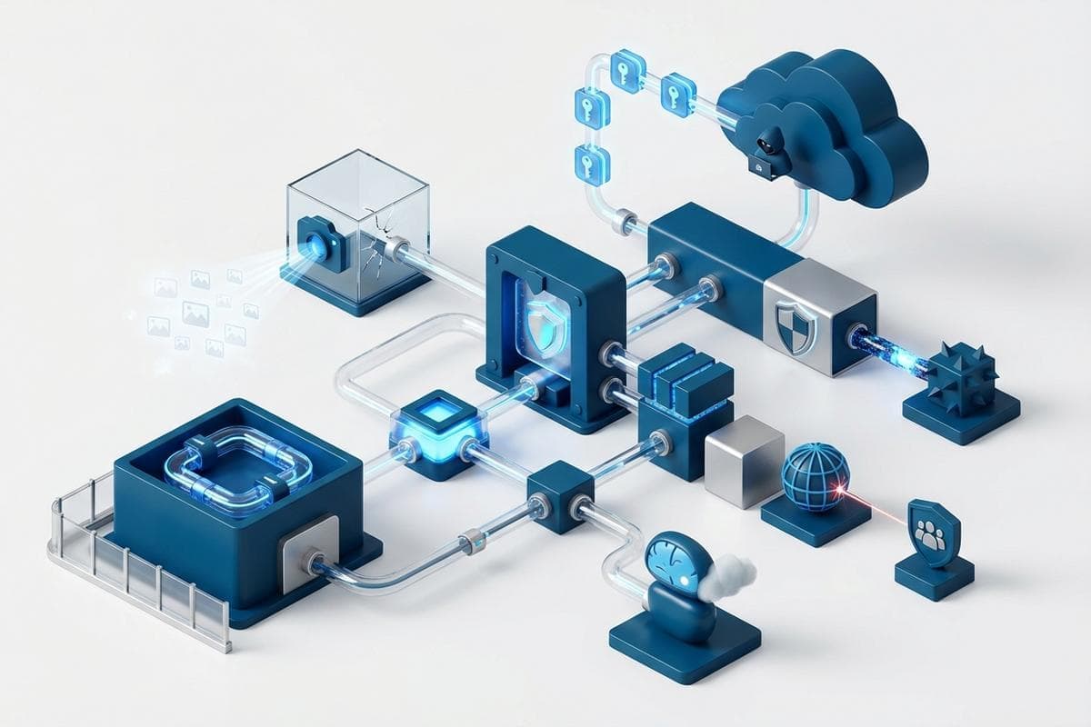 Isometric network nodes detailing global cyber threats and security updates.