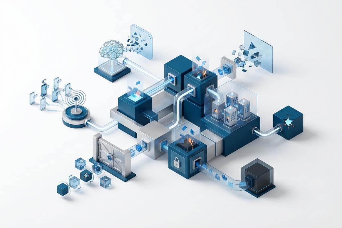 Floating servers depicting current cyber threats, vulnerabilities, and tracking systems.