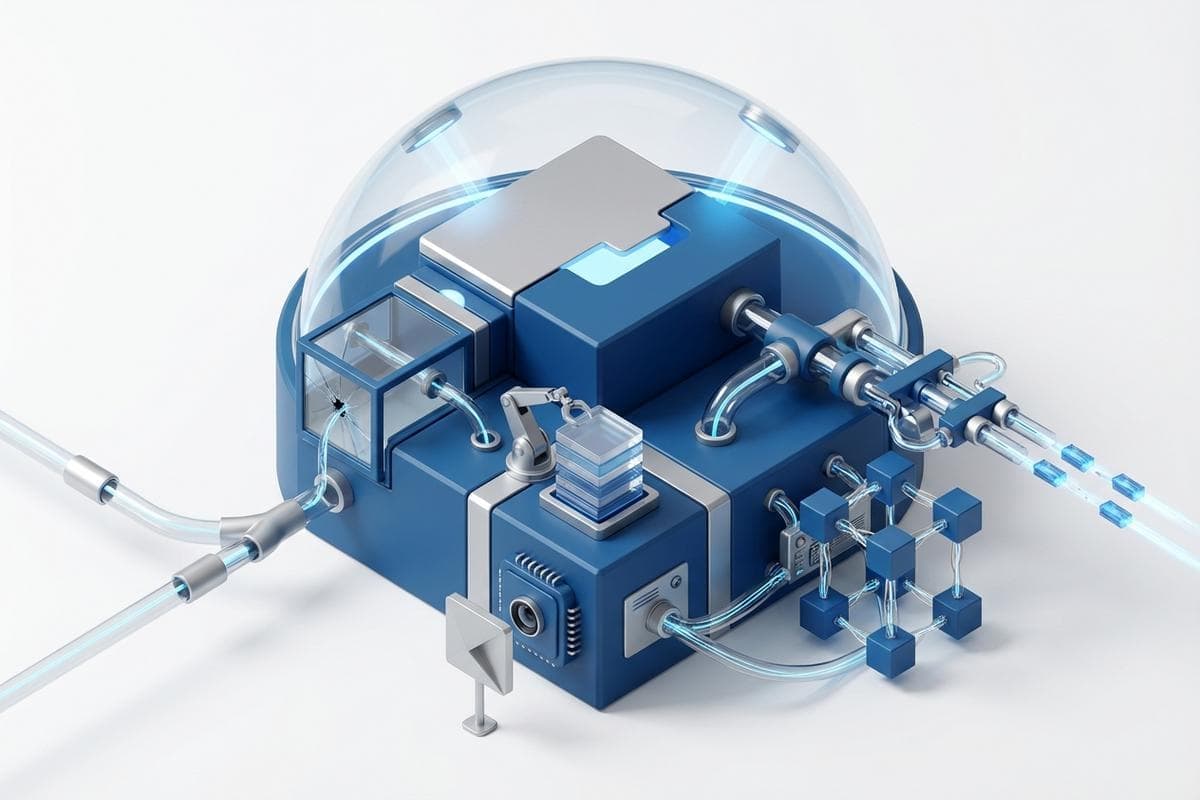Isometric network nodes illustrating zero-day exploits, botnets, and AI security challenges.
