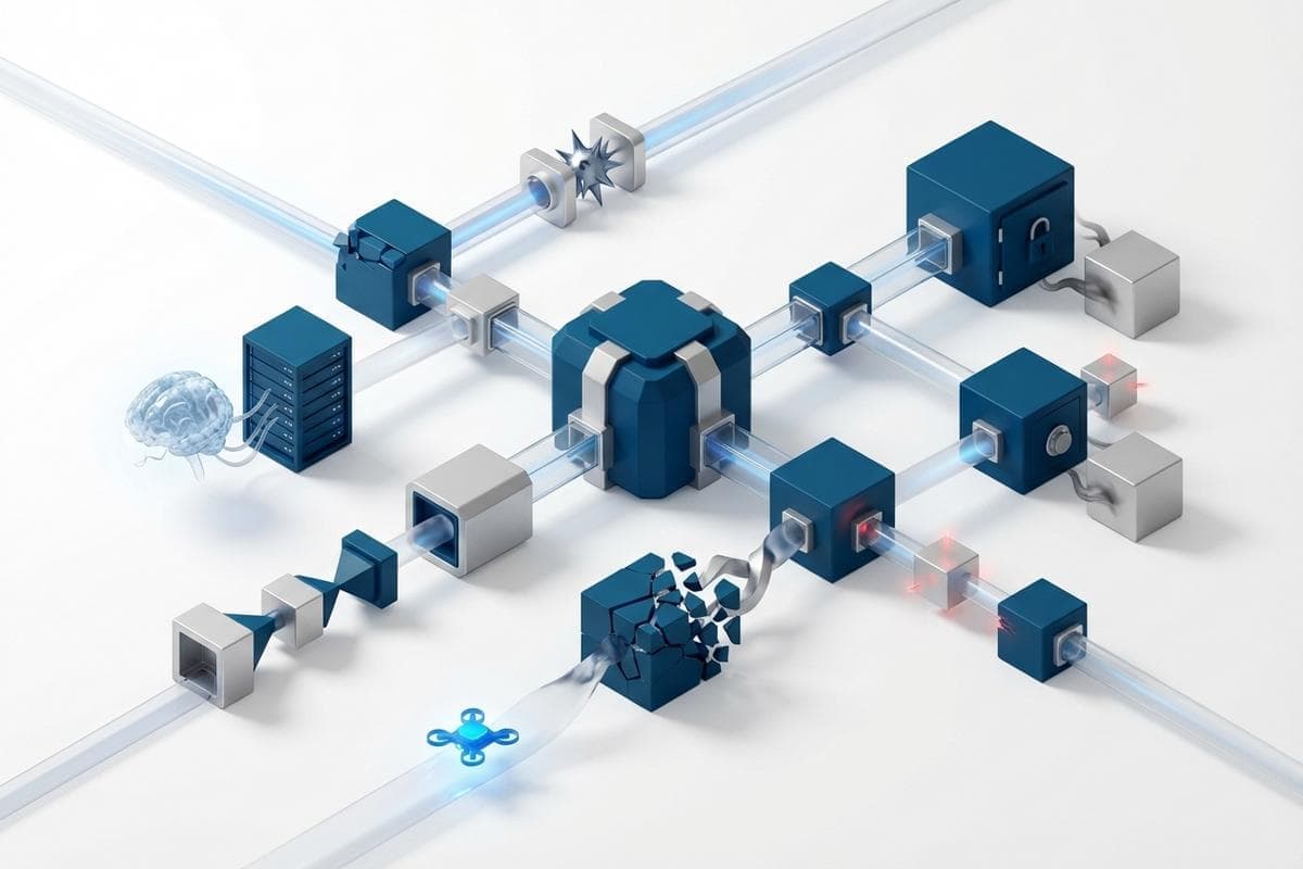 Isometric network nodes illustrating AI malware, ransomware, and data breaches.