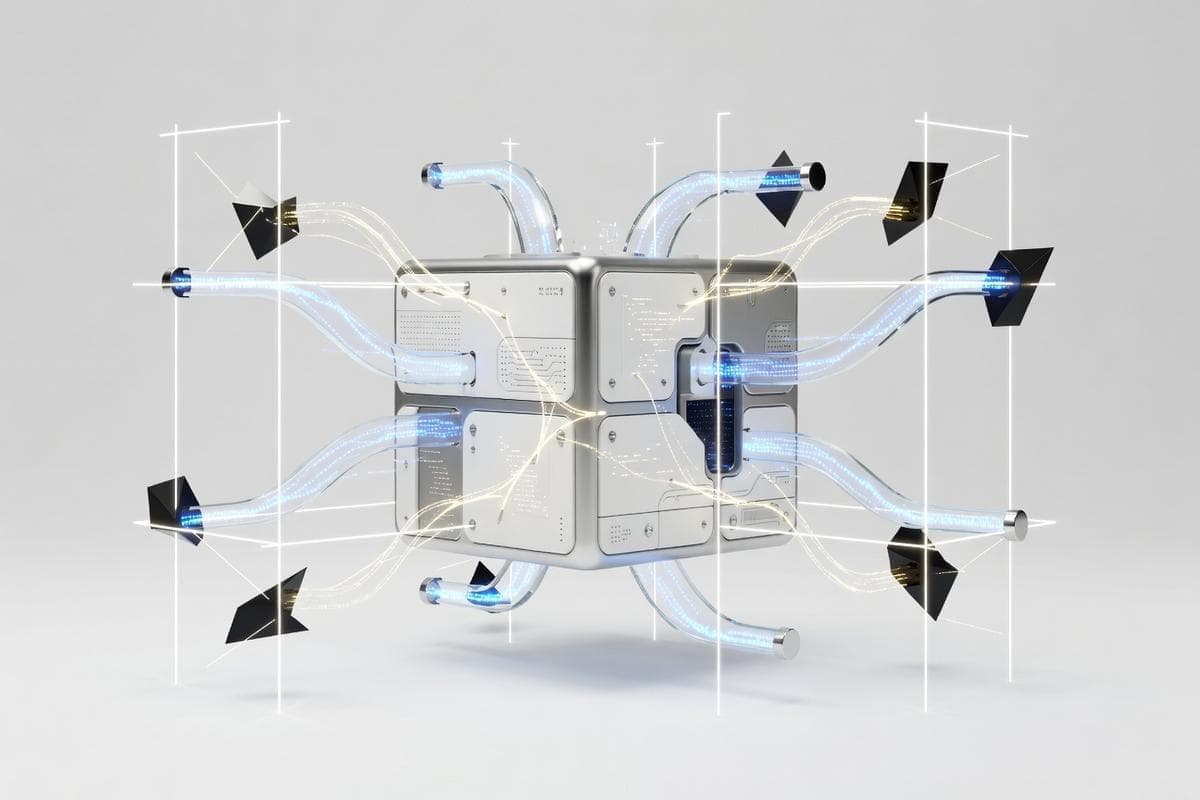Isometric network nodes securing systems from global cyber threats and AI integrity issues.