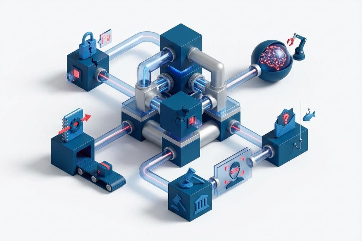 Isometric network nodes highlighting supply chain and AI-driven data breaches.