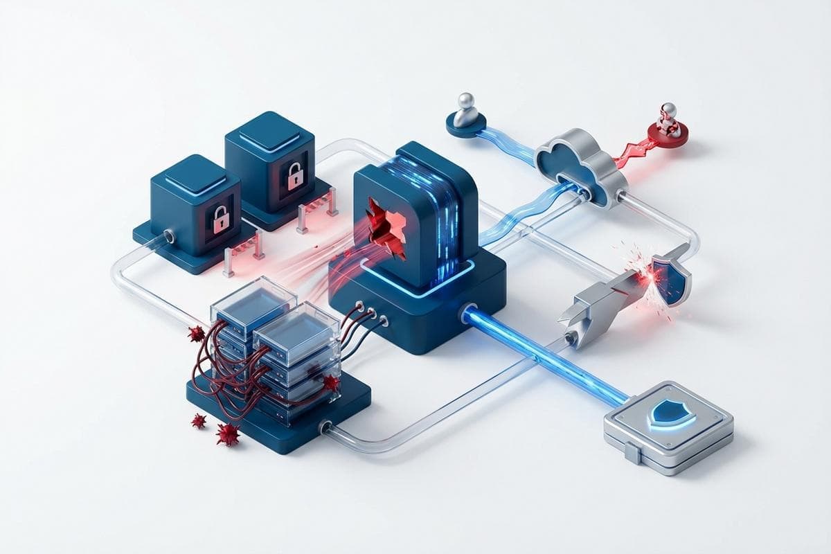 Floating servers depicting widespread ransomware attacks and cloud breaches.