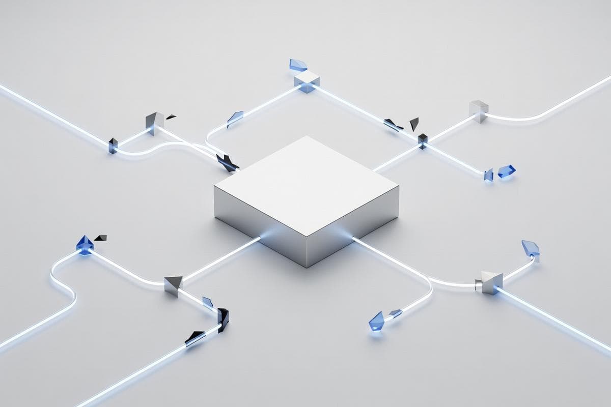 Geometric network illustrating multiple software vulnerabilities and AI-weaponized cyberattacks.