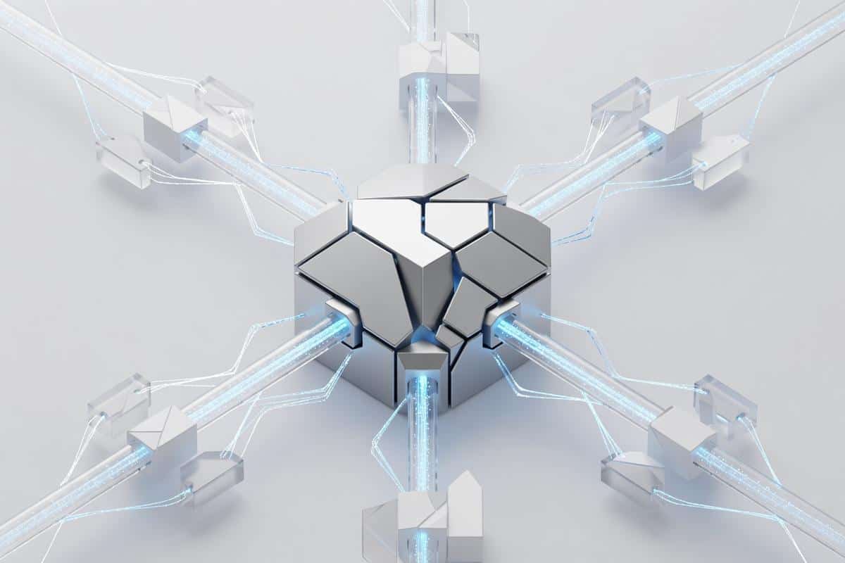 Geometric network illustrating critical software vulnerabilities and supply chain attacks.