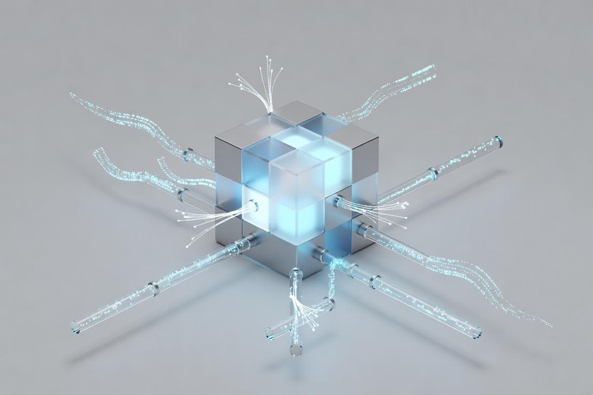 Geometric security barriers breached by AI phishing and data theft.