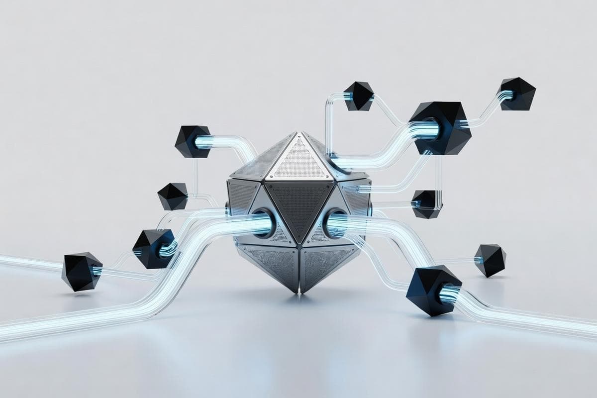 Floating servers depicting AI malware and intelligence credential theft.