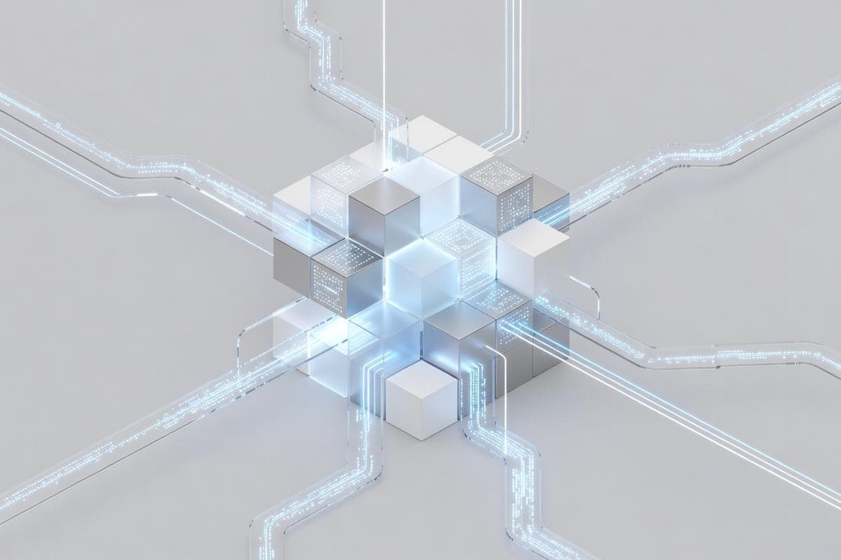 Interconnected digital blocks representing diverse cybersecurity vulnerabilities and attacks.