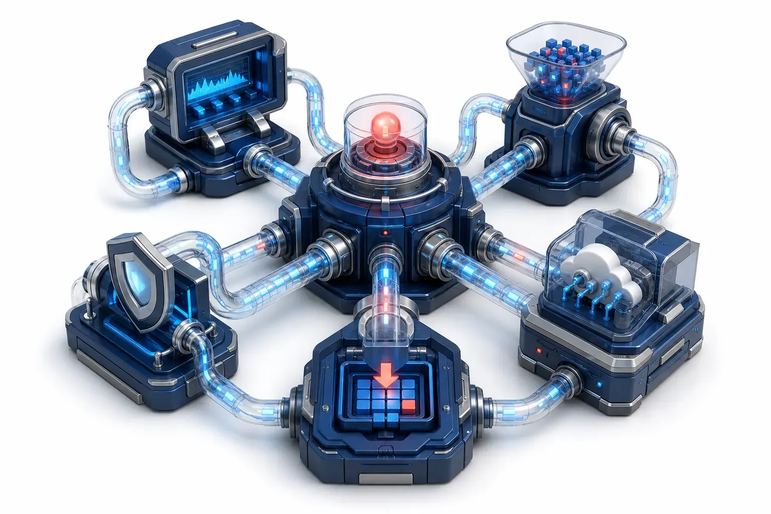 Isometric cyan data tubes exposing zero-day network vulnerabilities.